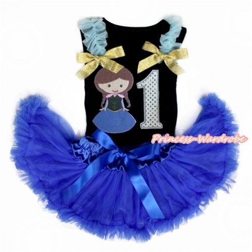 Black Baby Pettitop with Light Blue Ruffles & Sparkle Goldenrod Bow with Princess Anna & 1st Sparkle White Birthday Number Print with Royal Blue Newborn Pettiskirt NG1460 